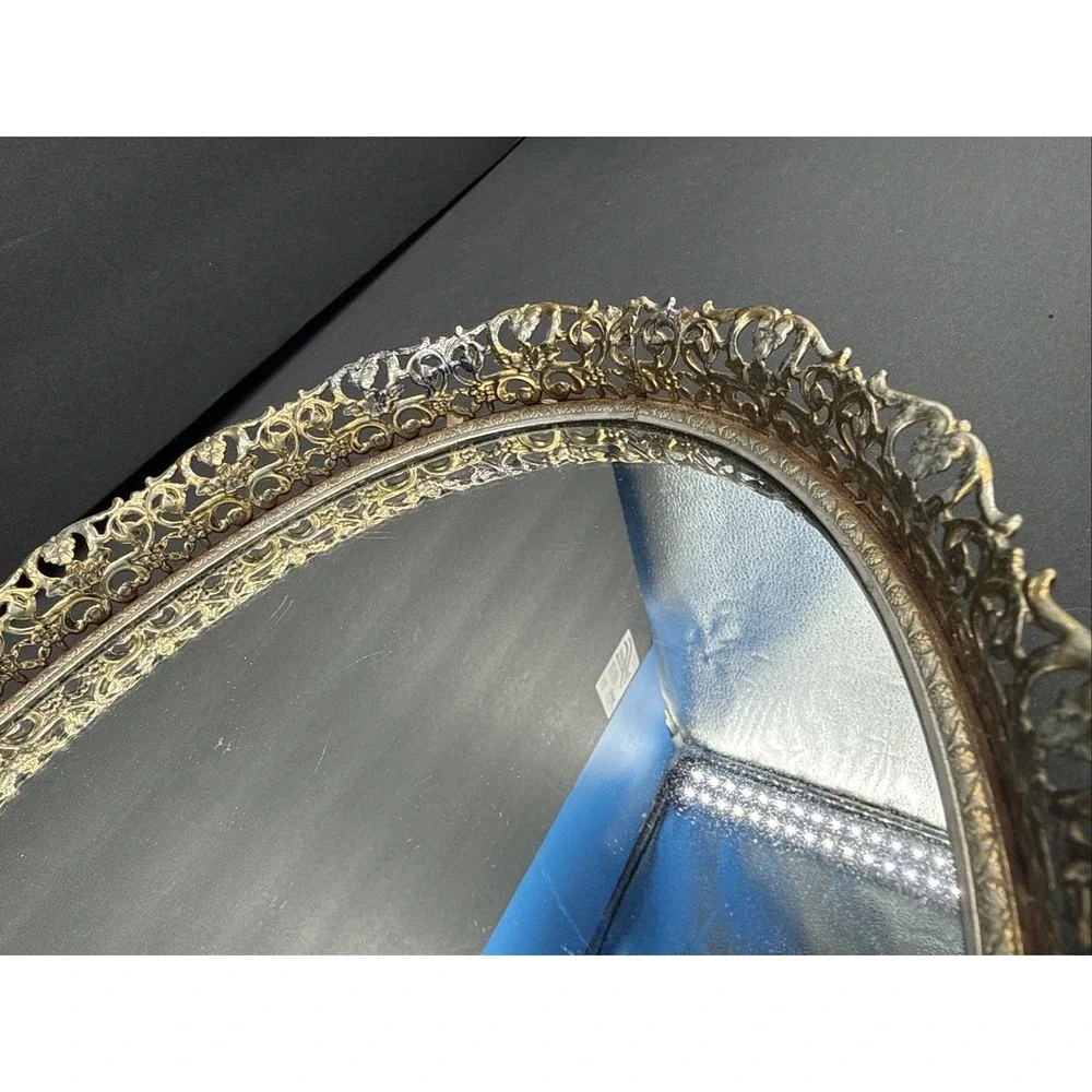Vintage Oval Filigree Gilt Mirror Dressing Table Vanity Tray 13x9